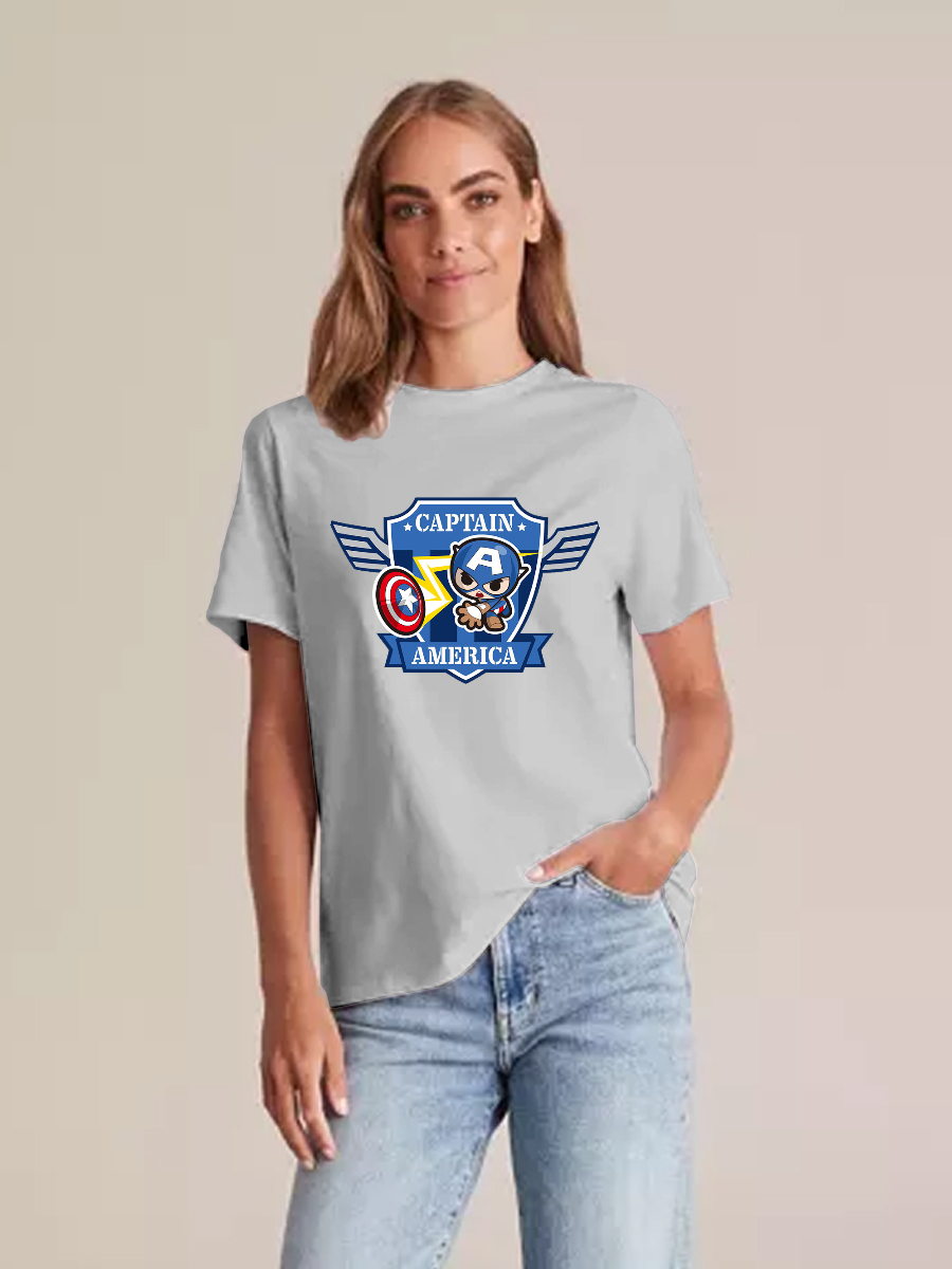 Women's Casual Little Captain America Printed Round Neck Short Sleeve T-Shirt