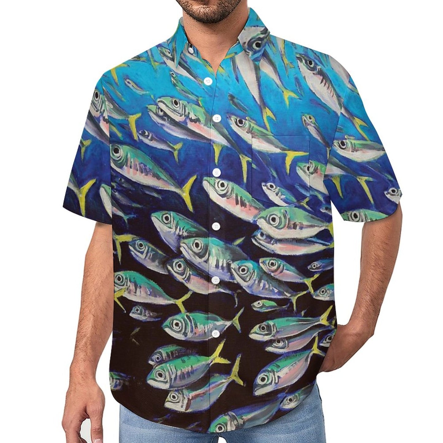Men's Fish School Printed Resort Hawaiian Shirt