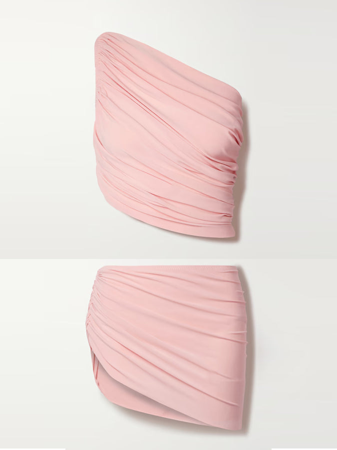 One Shoulder Pleated Solid Color One Piece Swimsuit