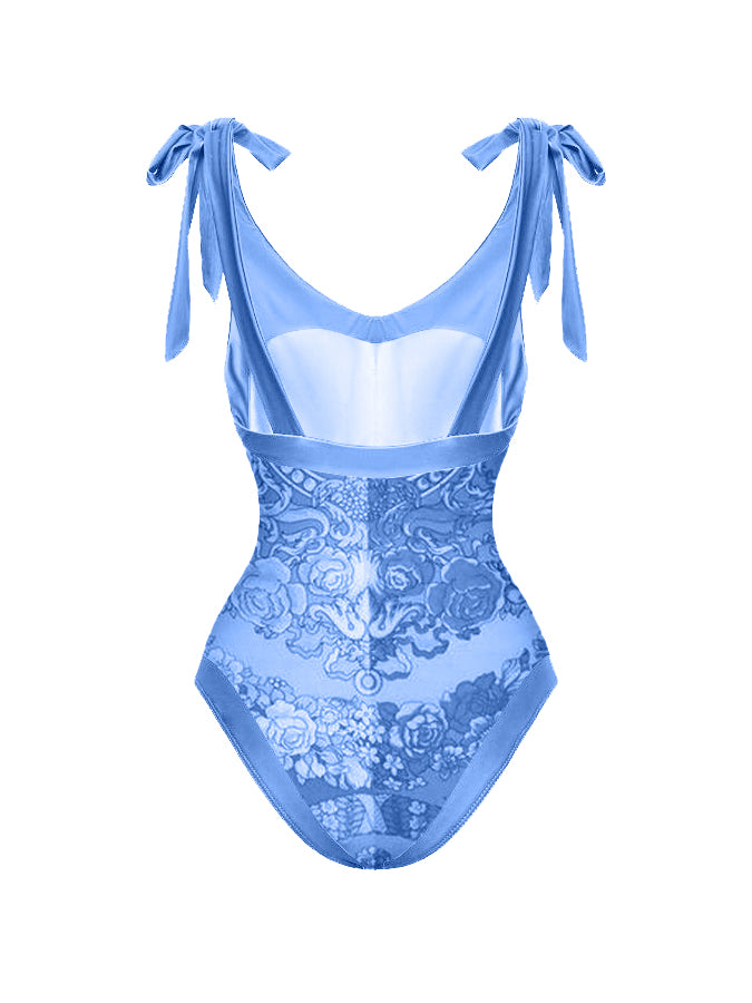 Fashion Print Lace Up One Piece Swimsuit
