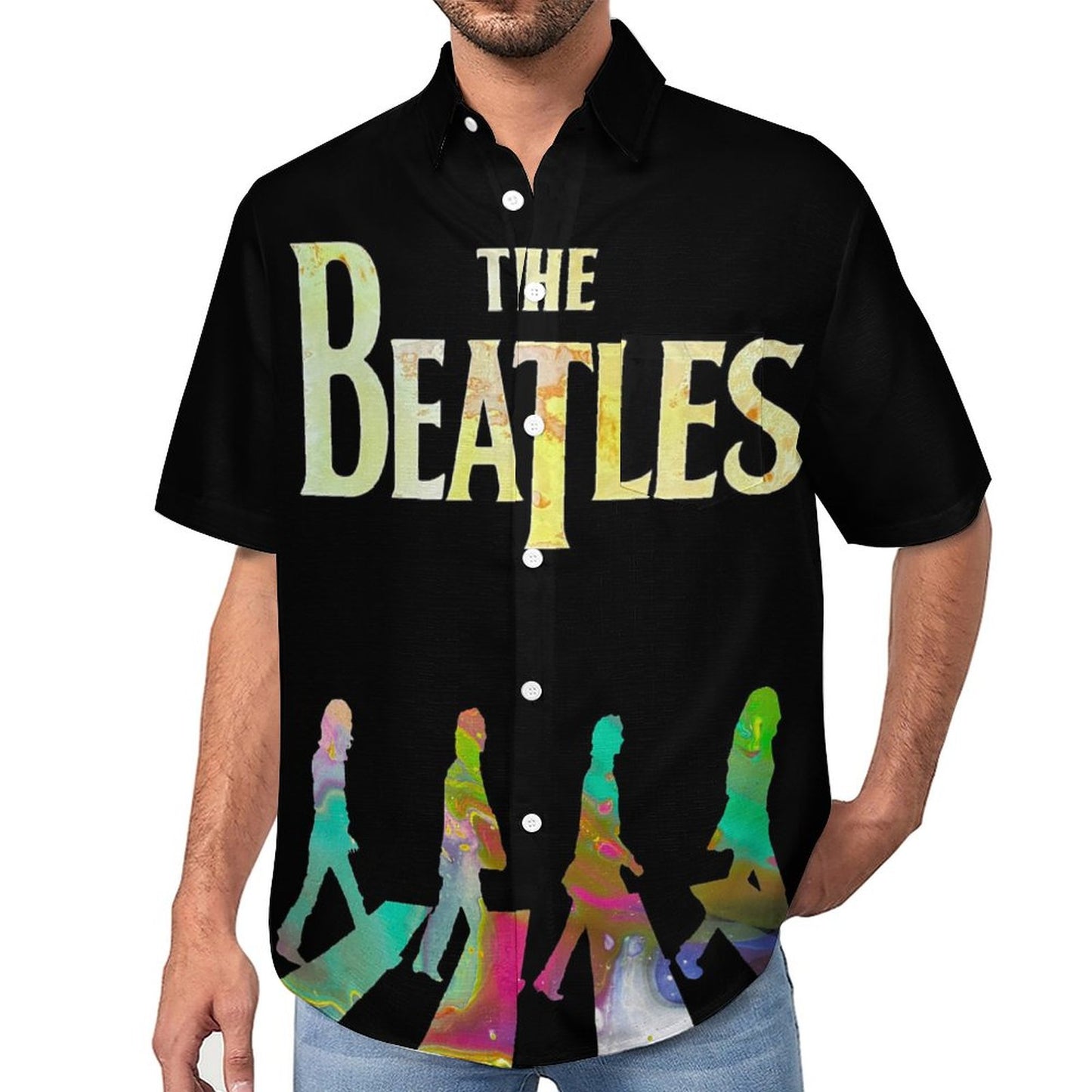Men's Cotton Beatles Print Vacation Hawaiian Shirt 2306101231