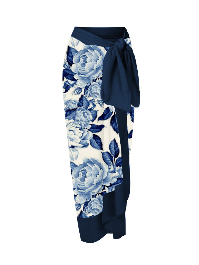 Blue and White Porcelain Print Color Block One-Piece Swimsuit And Cover Up