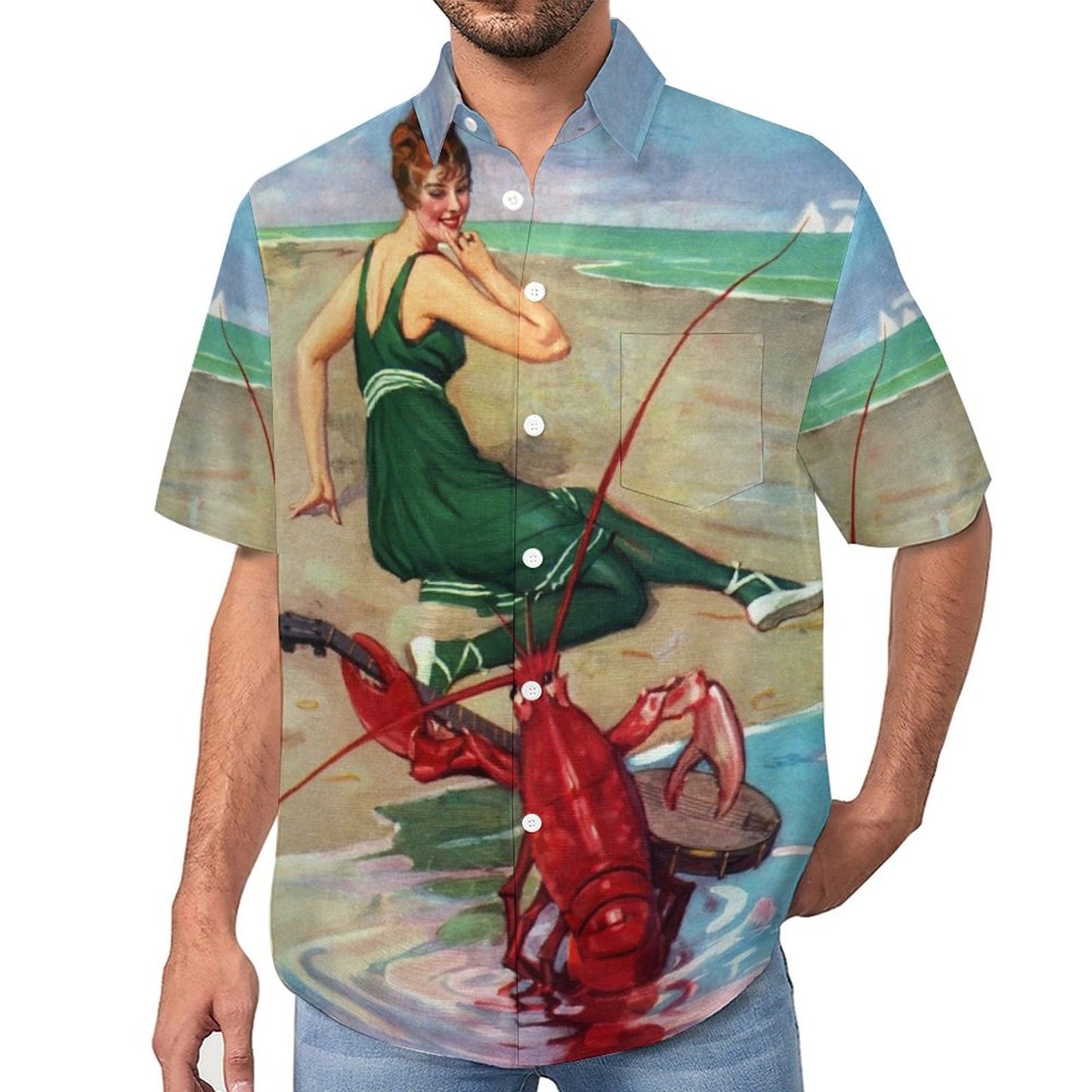Vintage Belle Lobster Chest Pocket Short Sleeve Hawaiian Shirt 2306100698