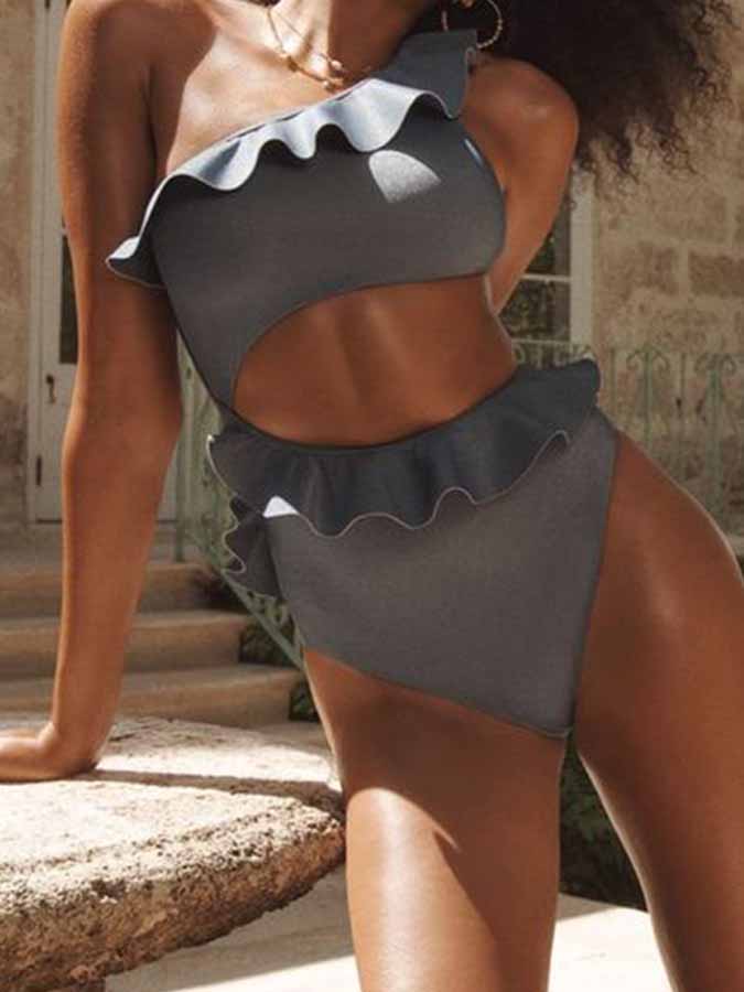 One-Shoulder Ruffle Solid One-Piece Swimsuit