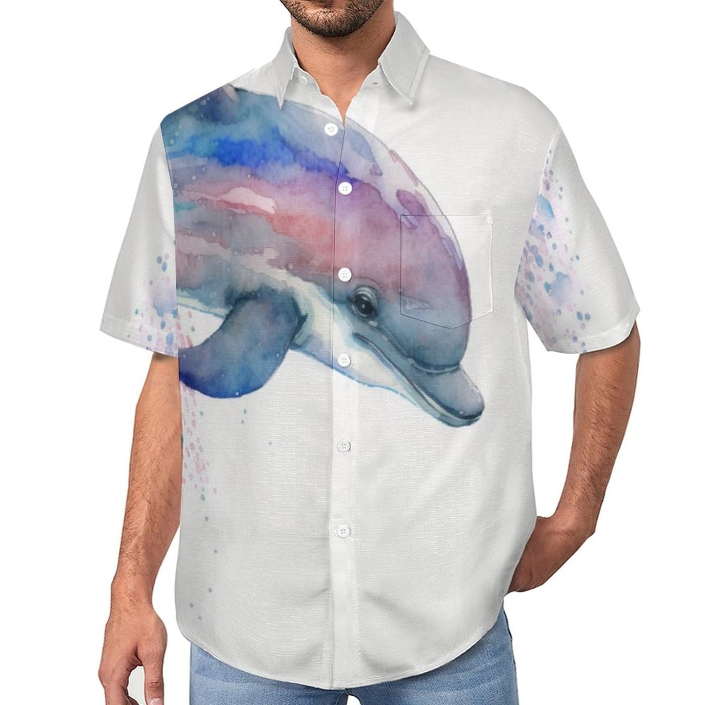 Men's Watercolor Dolphin Print Vacation Hawaiian Shirt