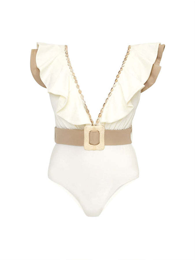 Deep V-Neck Ruffle One-Piece Swimsuit