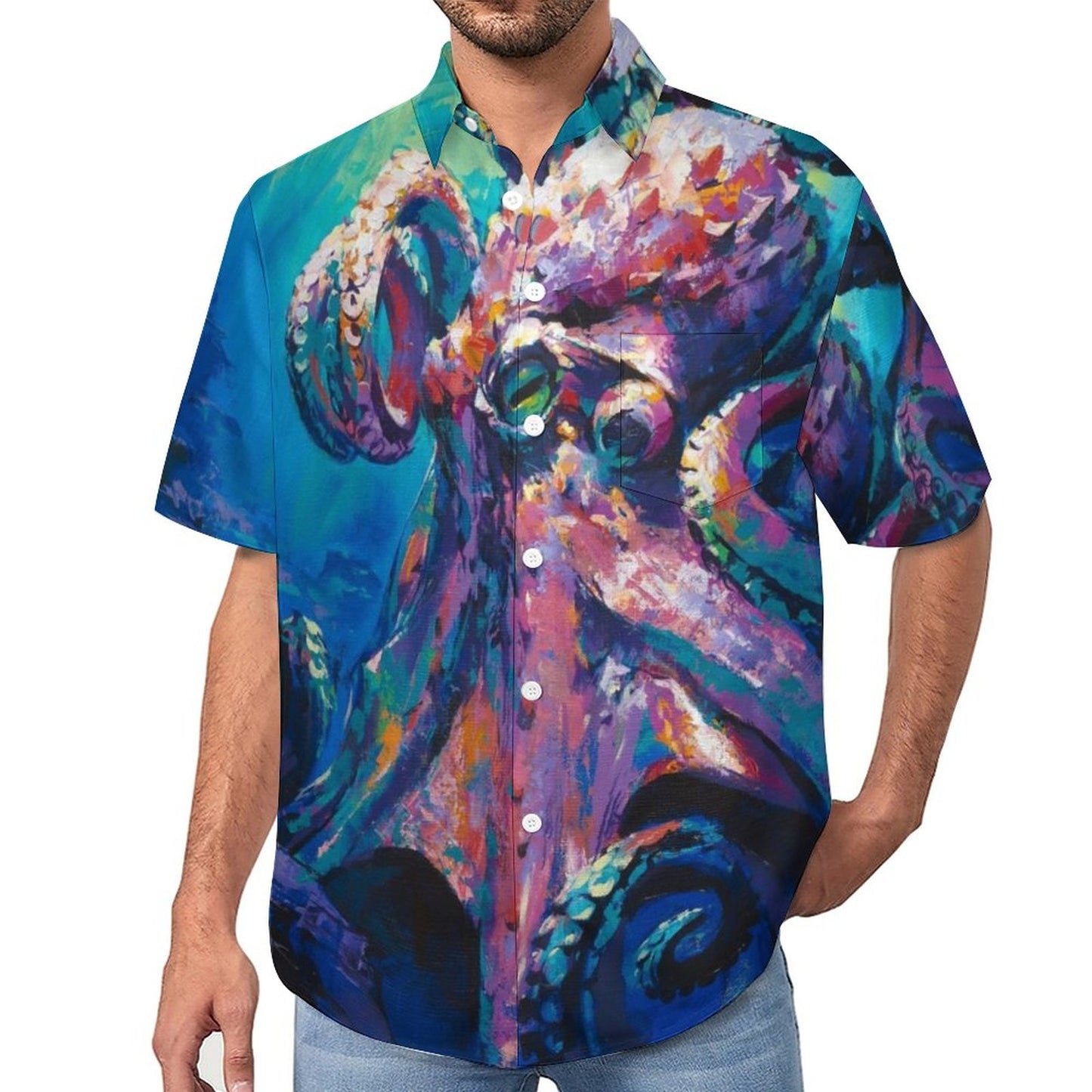 Men's Oil Painting Art Octopus Print Vacation Hawaiian Shirt 2305106499