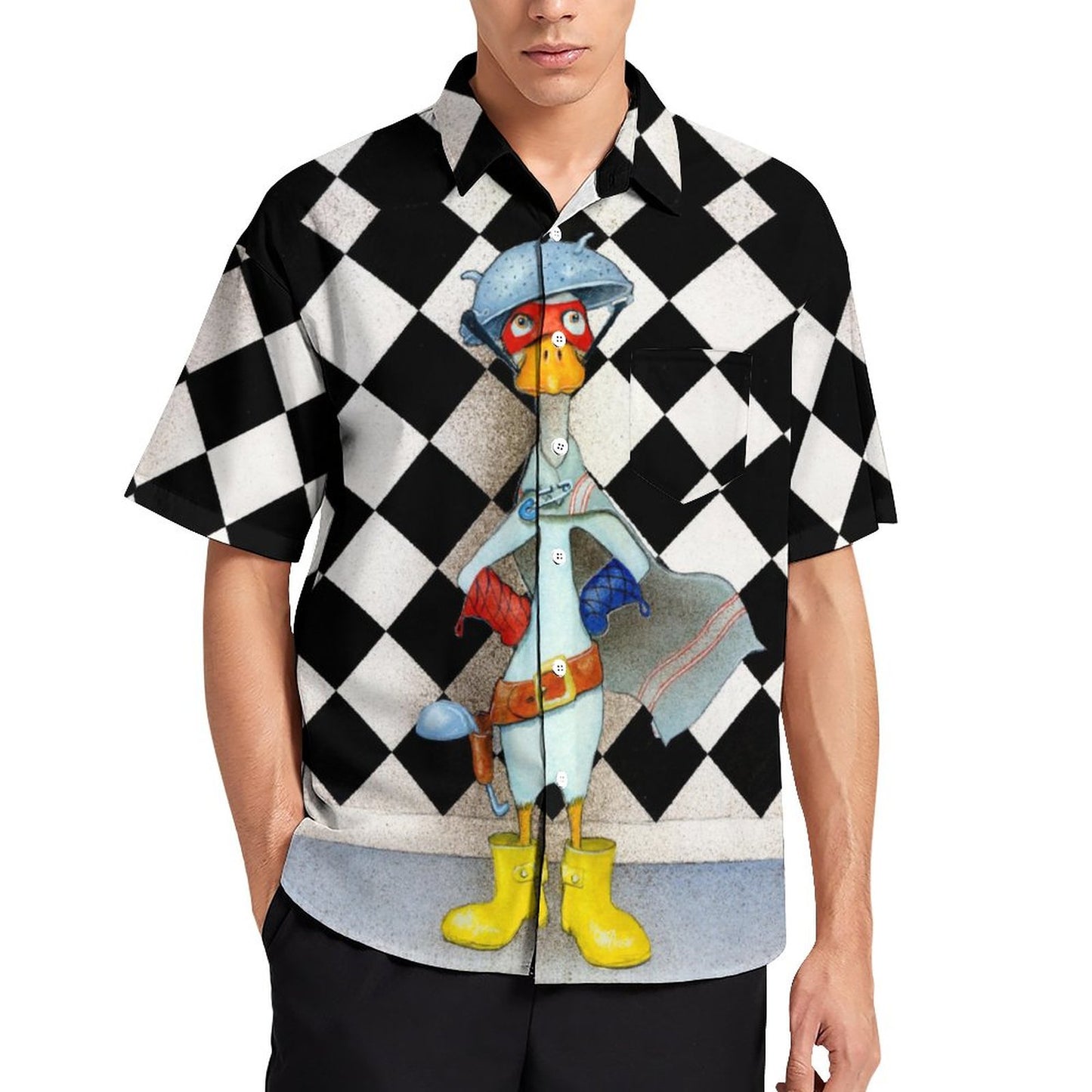Men's Hawaiian Plaid Duck Print Casual Short Sleeve Shirt 2306102834