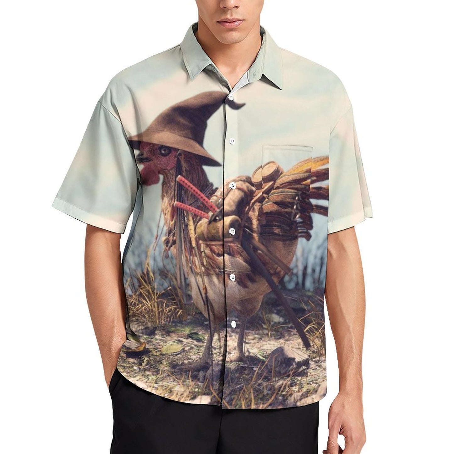 Men's Hawaiian Kung Fu Chicken Print Casual Short Sleeve Shirt 2306102830