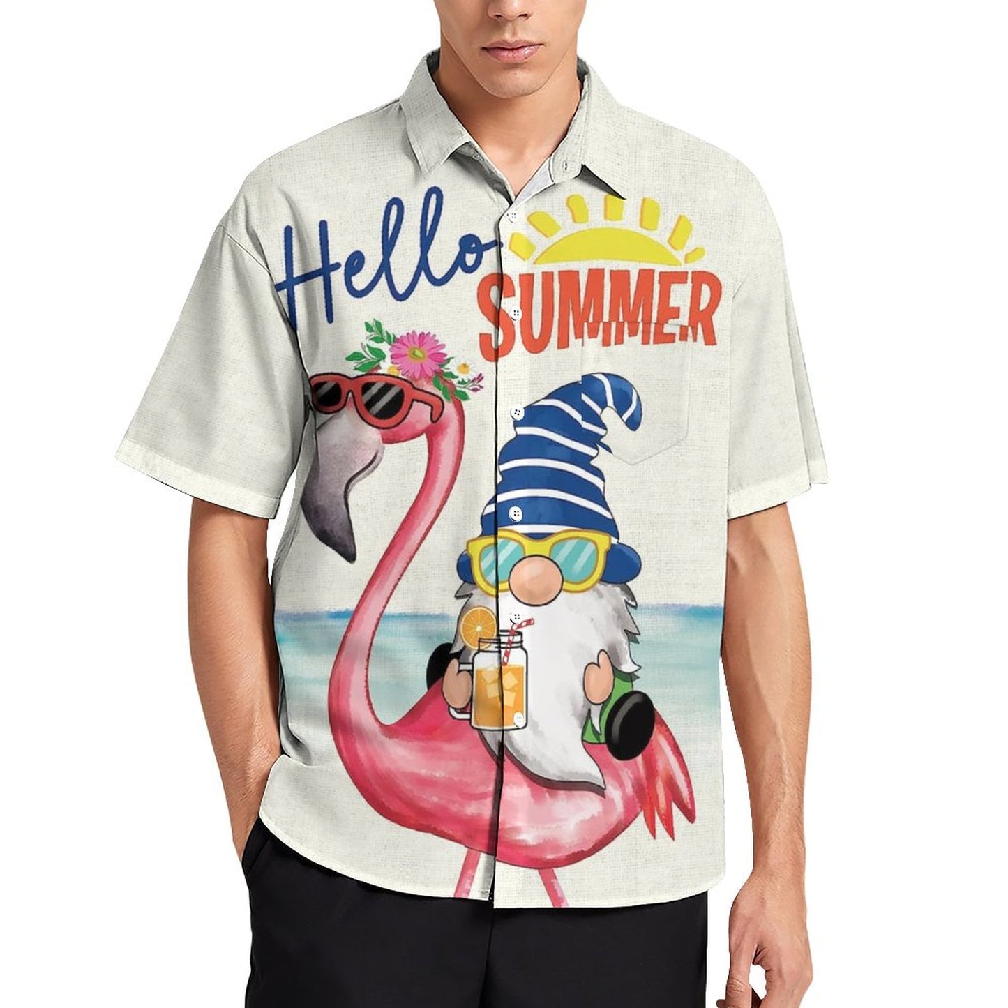 Men's Hawaiian Flamingo Gnome Print Vacation Shirt 2306101927