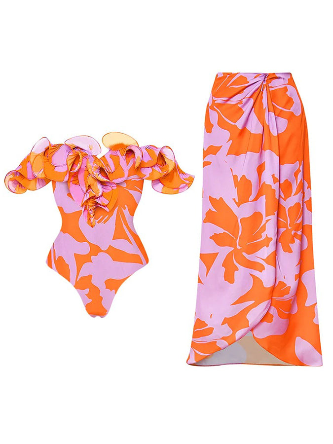 Floral Print One Piece Swimsuit and Skirt