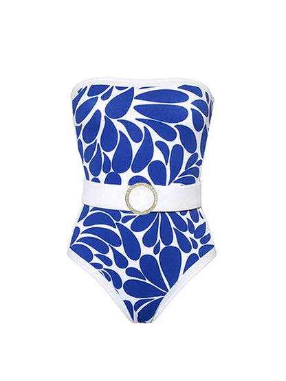 Bandeau Printed One Piece Swimsuit With Belt and Cover Up