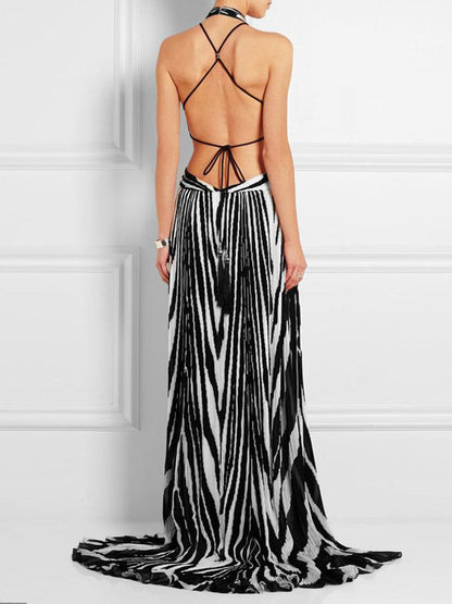 Printed Bandage Backless Sexy Maxi Dress
