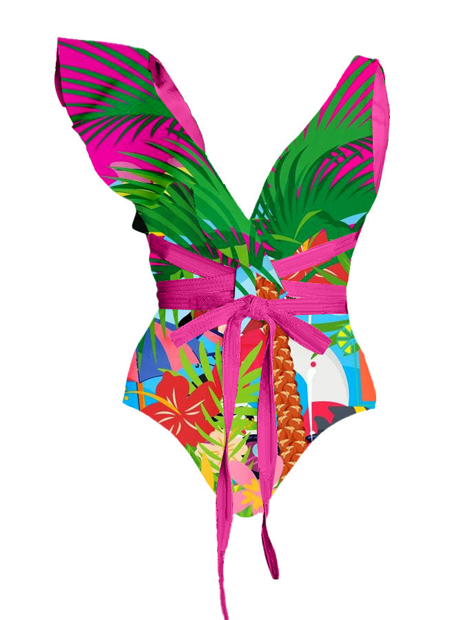 One-Shoulder Ruffle Print One-Piece Swimsuit