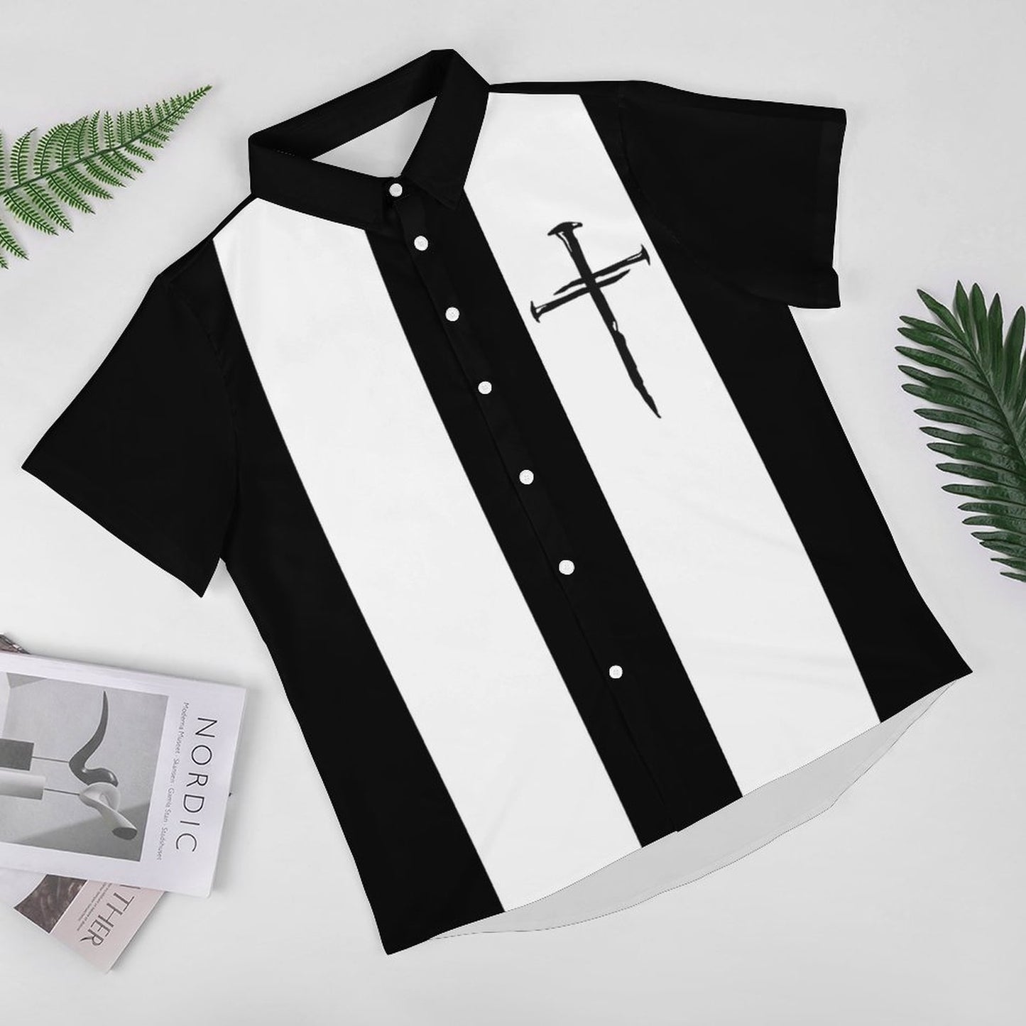 Mens Crucifix Print Casual Breathable Short Sleeve Hawaiian Shirt