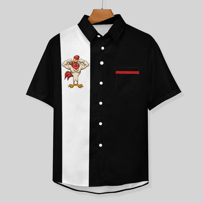 Rooster Black Geometric Stripe Print Hawaiian Men's Casual Shirt