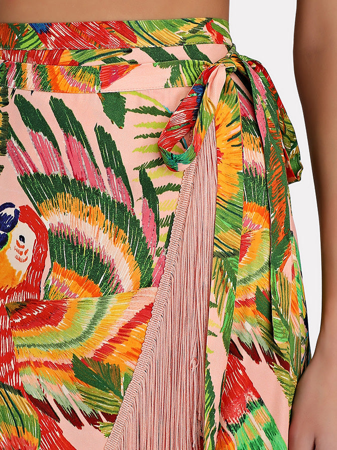 Vintage One-Shoulder Embroidered Print Bikini And Fringe Skirt