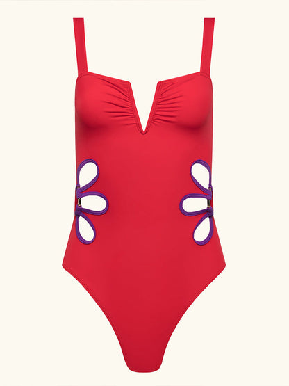 Fashion Solid Color Flower Design One Piece Swimsuit