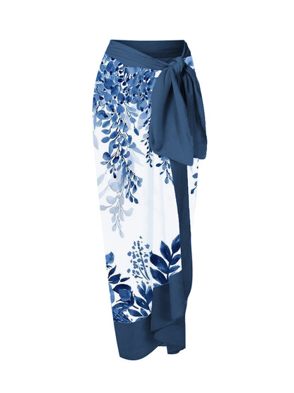 Blue and White Leaf Print One-Piece Swimsuit And Cover Up