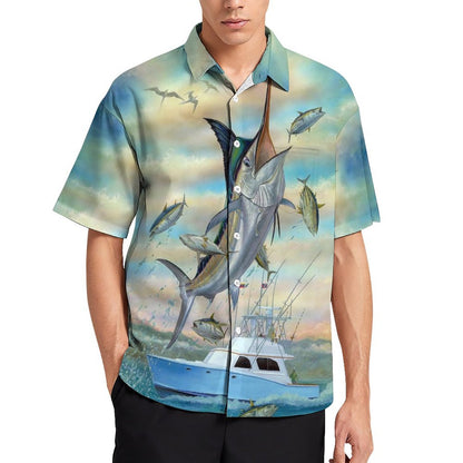Men's Hawaiian Fish School Print Resort Shirt 2306101858
