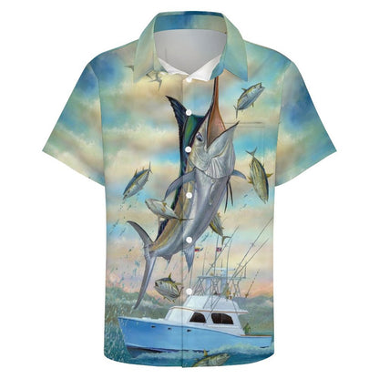 Men's Hawaiian Fish School Print Resort Shirt 2306101858