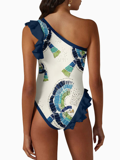One-Shoulder Ruffle Print One-Piece Swimsuit Set