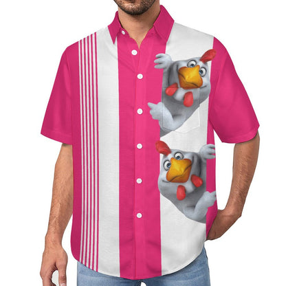 Happy Rooster Chest Pocket Short Sleeve Faux Linen Shirt Men's Vacation Hawaiian Shirt