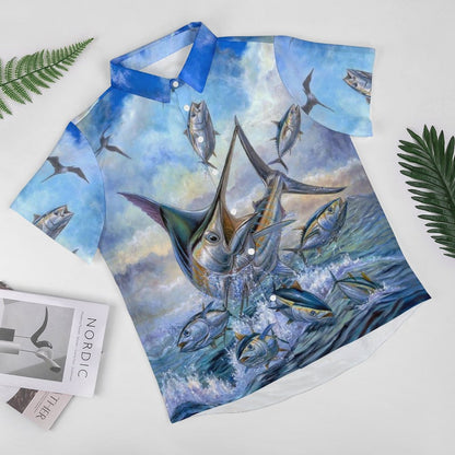 Men's Hawaiian Fish School Print Resort Shirt 2306101853