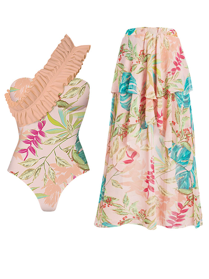 Botanical Print One Piece Swimsuits and Skirt
