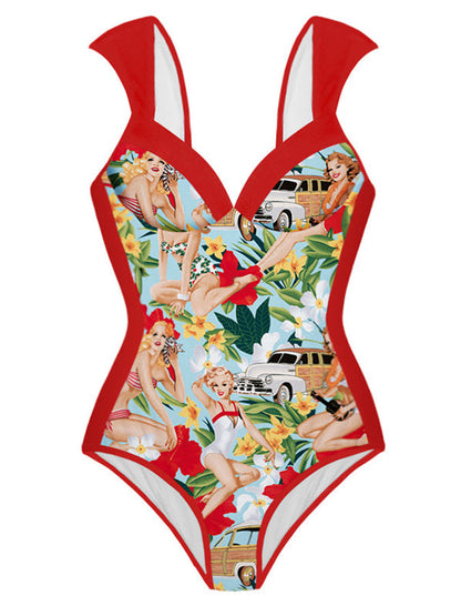 Fashion Colorblock Print One Piece Swimsuit and Cover Up