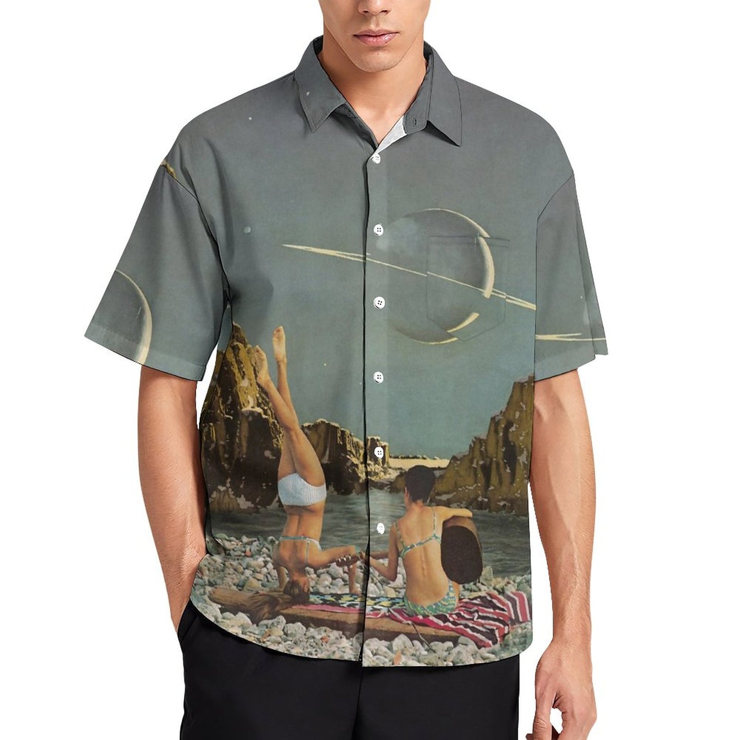 Men's Saturn Art Print Casual Short Sleeve Shirt 2306102364