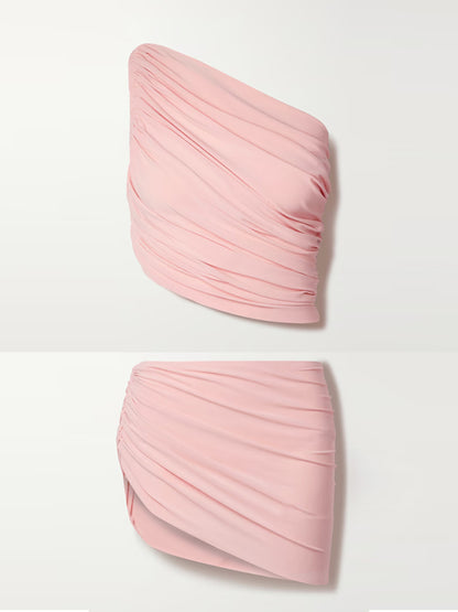 One Shoulder Pleated Solid Color One Piece Swimsuit