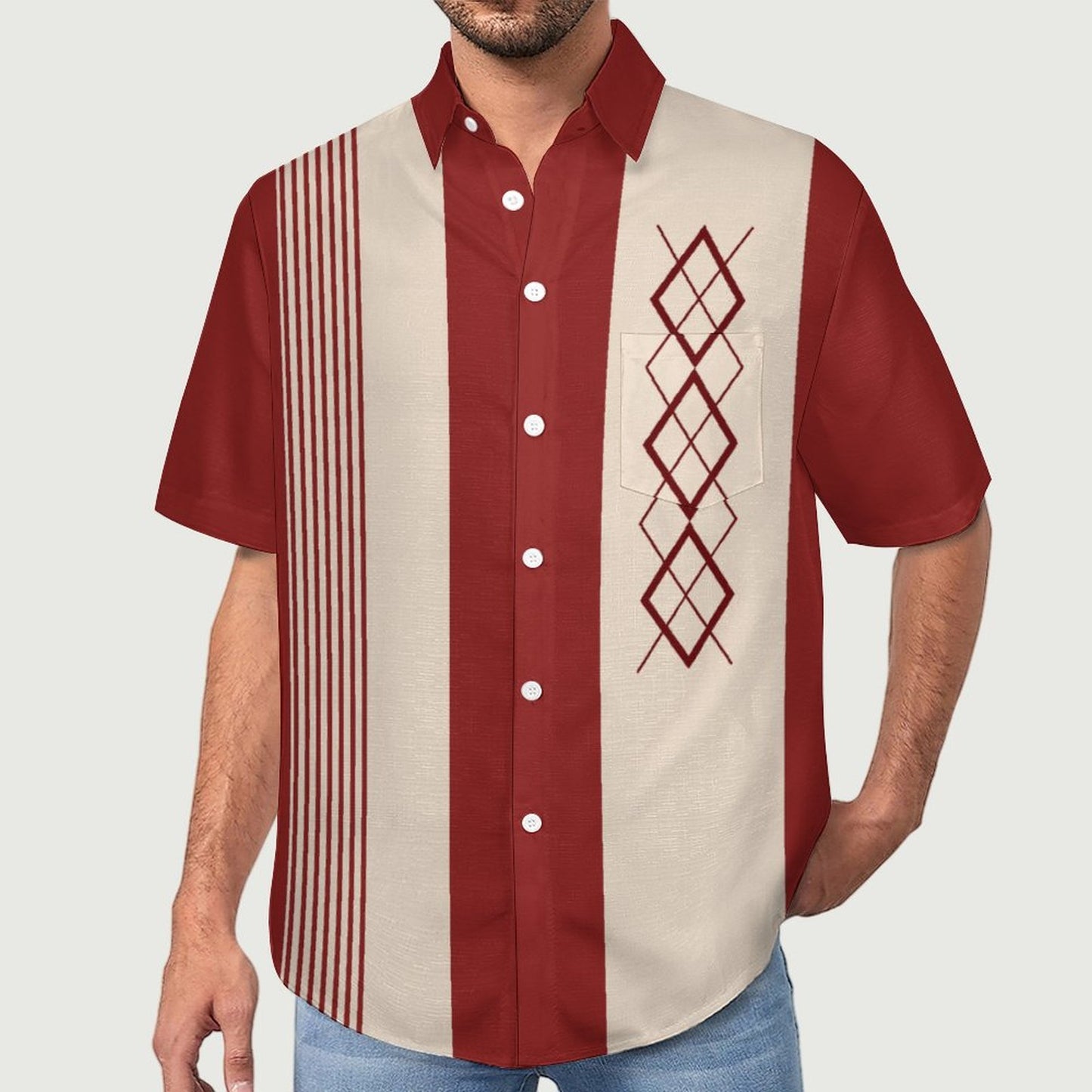 Striped Geometric Print Hawaiian Men's Casual Shirt