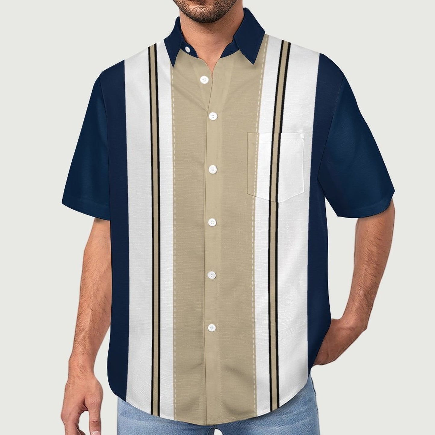 Men's Geometric Stripe Print Front Button Soft Breathable Chest Pocket Casual Shirt
