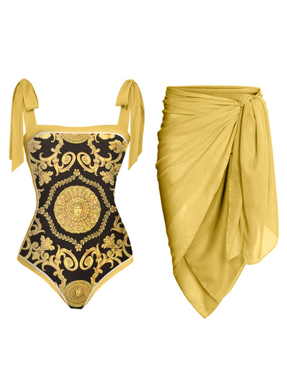 Vintage Print One-Piece Swimsuit and Cover Up