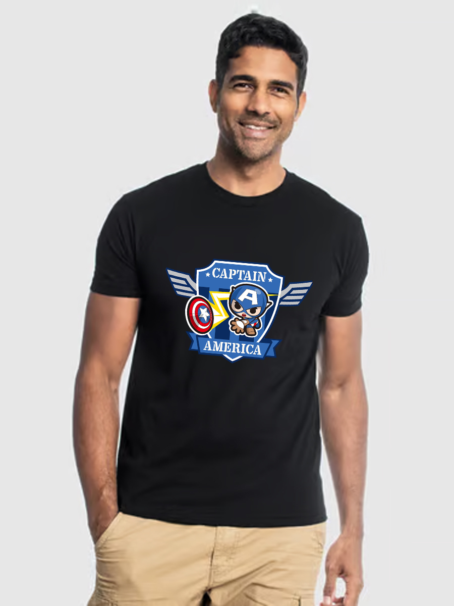 Men's Casual Little Captain America Printed Round Neck Short Sleeve T-Shirt