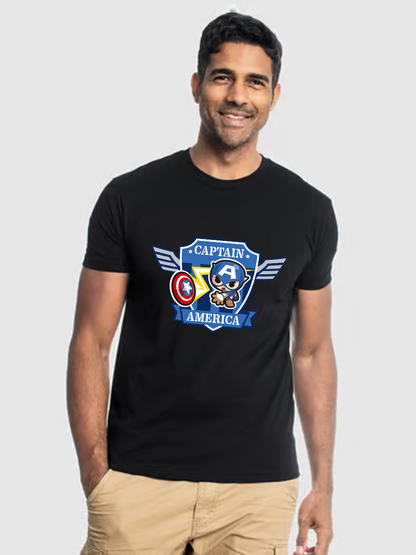 Men's Casual Little Captain America Printed Round Neck Short Sleeve T-Shirt