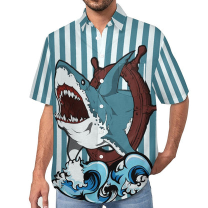 Men's Hemp Stripe Shark Print Vacation Hawaiian Shirt