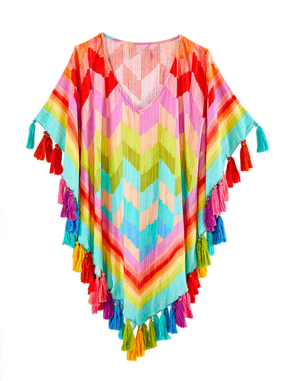 Fashion Rainbow Colorblock Beach Bikini Fringe Set