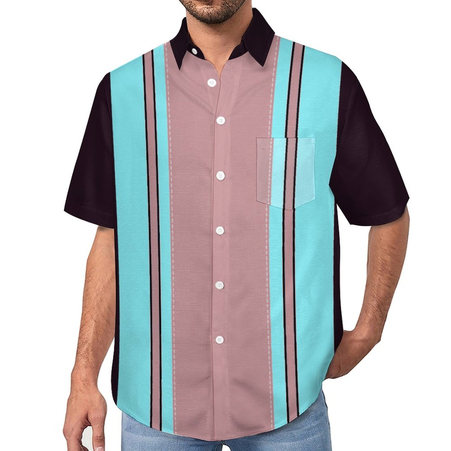 Men's Geometric Stripe Print Front Button Soft Breathable Chest Pocket Casual Shirt