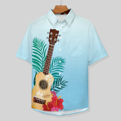 Cotton Linen Guitar Breast Pocket Short Sleeve Vacation Shirt 2305107205