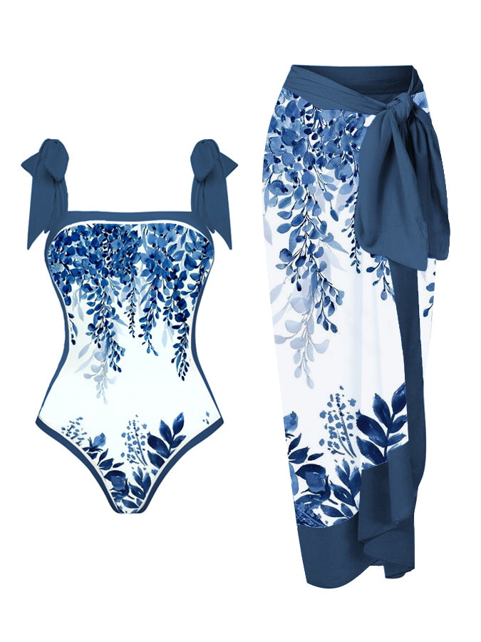 Blue and White Leaf Print One-Piece Swimsuit And Cover Up