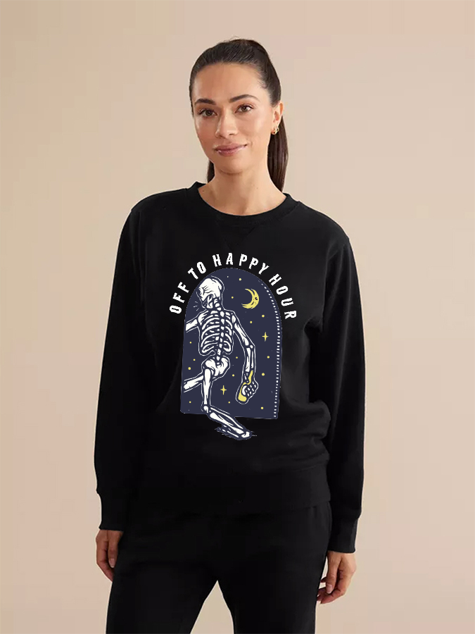 Unisex Round Neck Casual Skeleton Printed Long Sleeve Sweatshirt