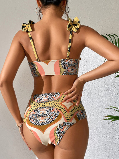 Ruffle Shoulder High Waist Bikini Swimsuit and Skirt