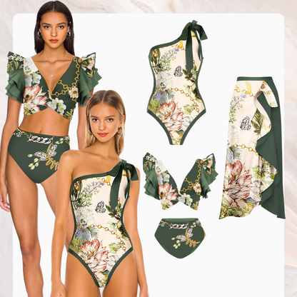 One Shoulder Floral Print One Piece Swimsuit and Skirt