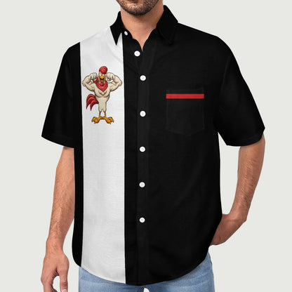 Rooster Black Geometric Stripe Print Hawaiian Men's Casual Shirt