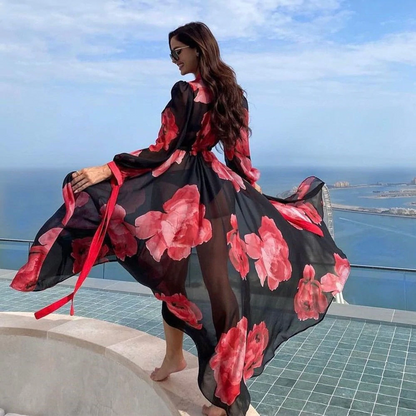 Print Self Belted Long Cover Up