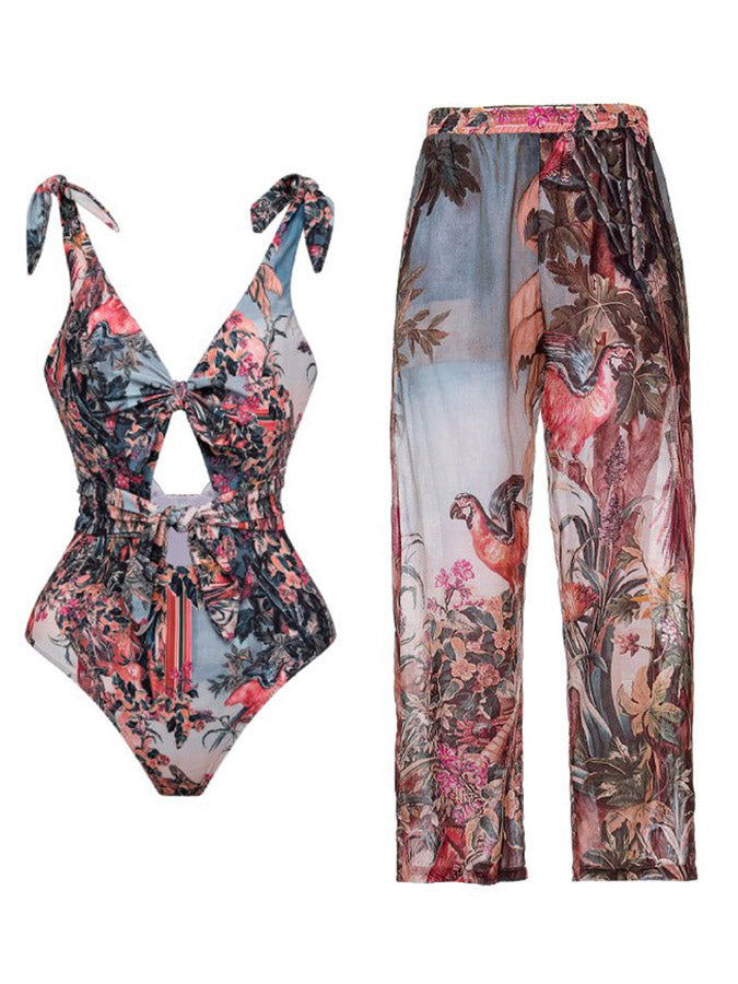 Fashion Print Tie One Piece Swimsuit