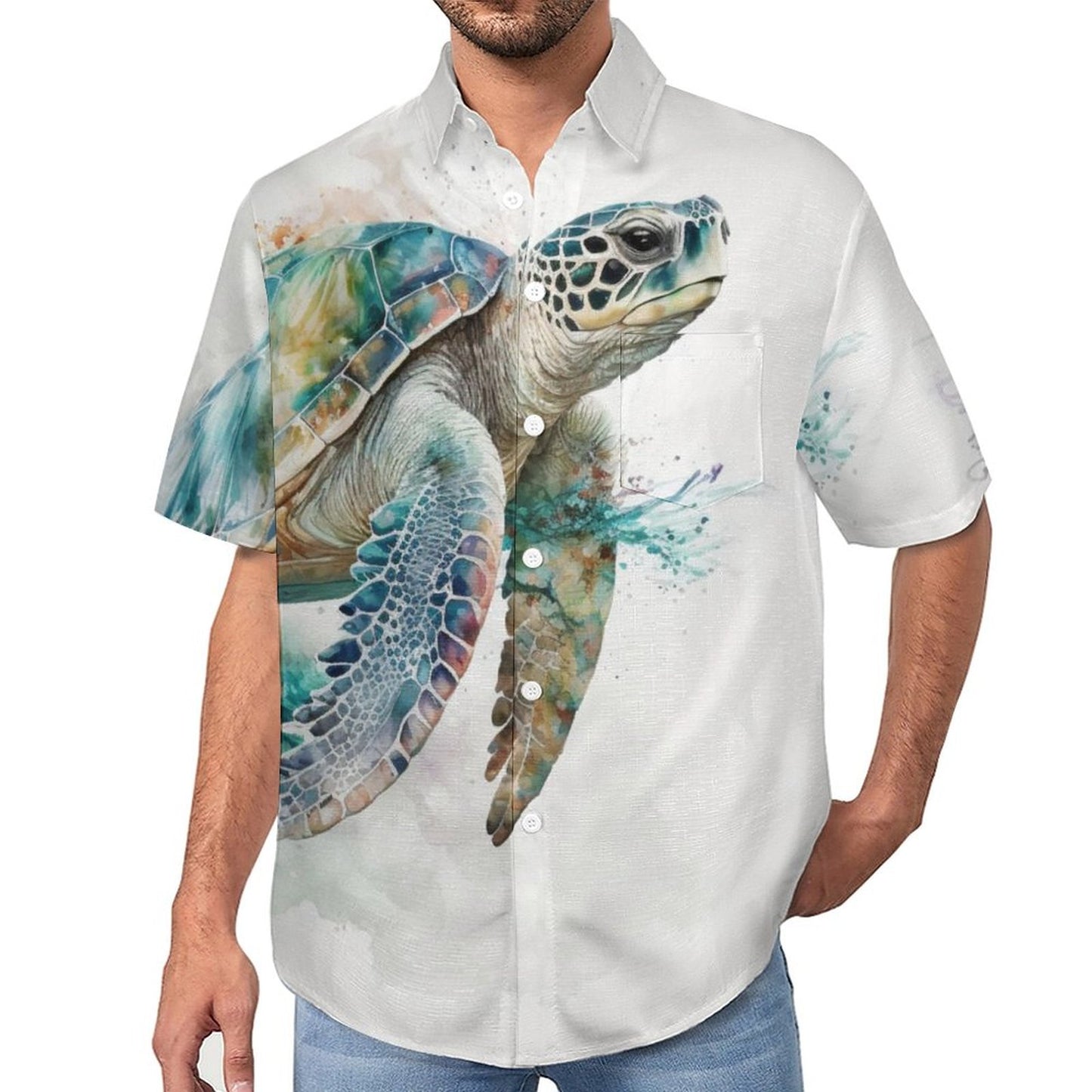 Men's Watercolor Turtle Art Print Vacation Hawaiian Shirt