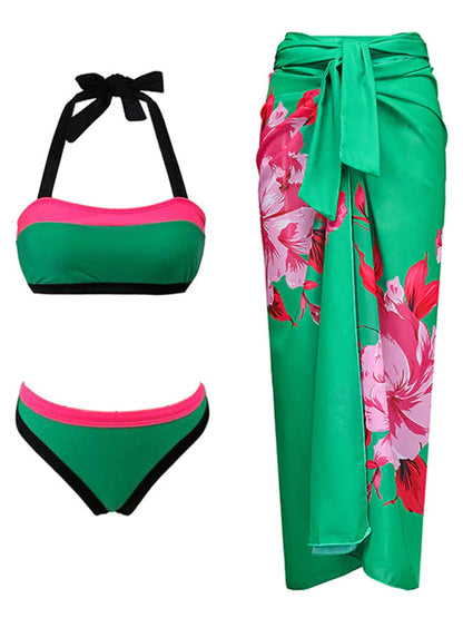Fashion Colorblock Print Bikini and Cover Up